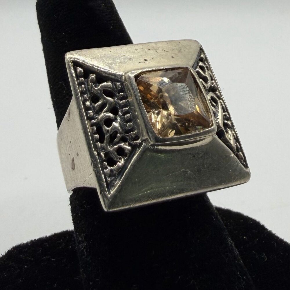 Vintage 925 Sterling Silver Champagne CZ Geometric Statement Ring Size 7.5 Bold